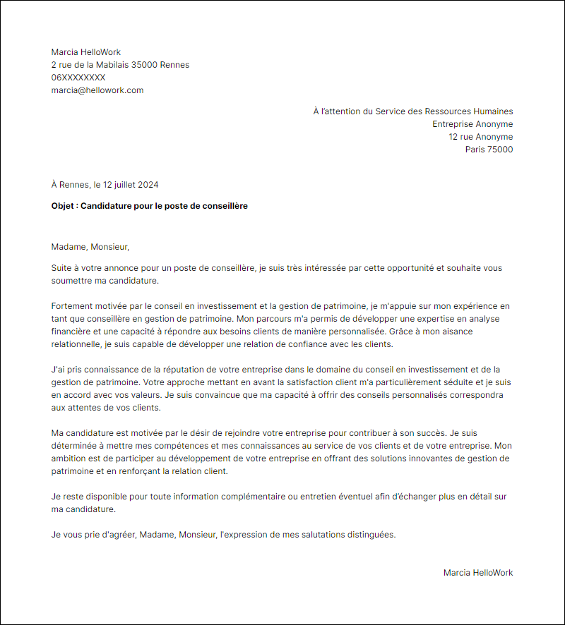 Modèle lettre de motivation en tant que Conseiller Exemple lettre de motivation en tant que Conseiller