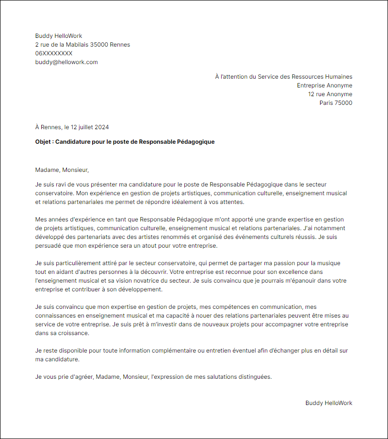Modèle lettre de motivation pour le secteur Conservatoire Exemple lettre de motivation pour le secteur Conservatoire