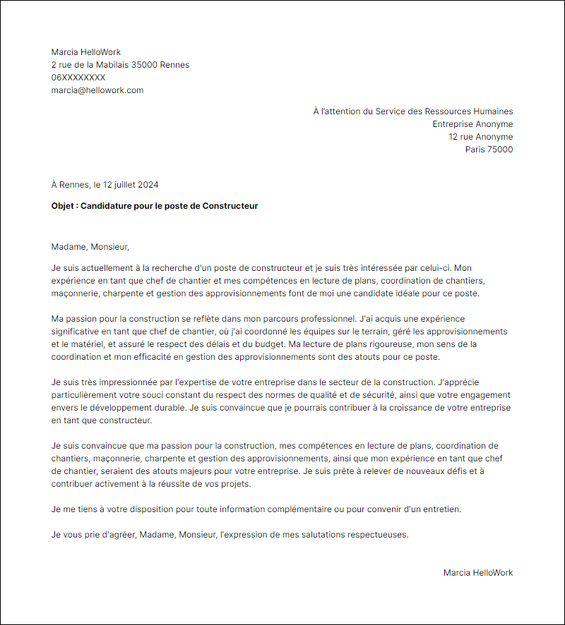 Modèle lettre de motivation en tant que Constructeur Exemple lettre de motivation en tant que Constructeur