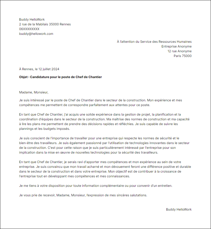 Modèle lettre de motivation pour le secteur Construction Exemple lettre de motivation pour le secteur Construction