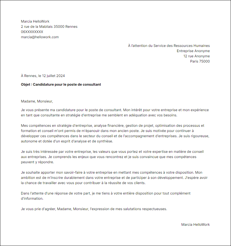 Modèle lettre de motivation en tant que Consultant Exemple lettre de motivation en tant que Consultant