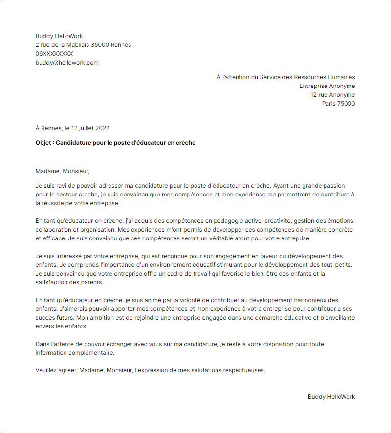 Modèle lettre de motivation pour le secteur Creche Exemple lettre de motivation pour le secteur Creche