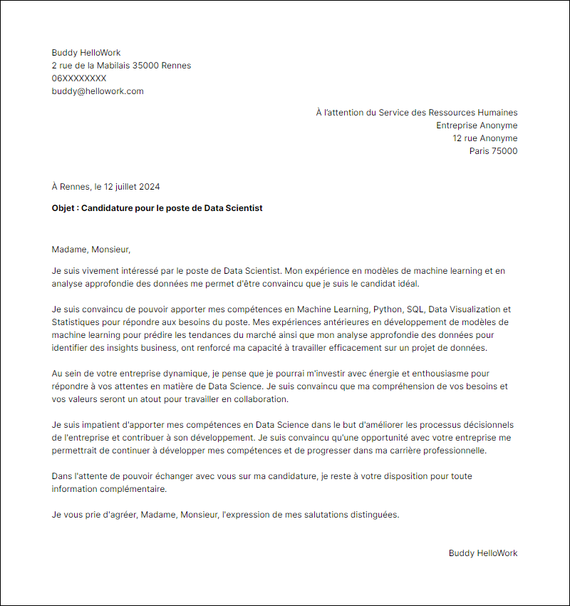 Modèle lettre de motivation pour le secteur Data science Exemple lettre de motivation pour le secteur Data science