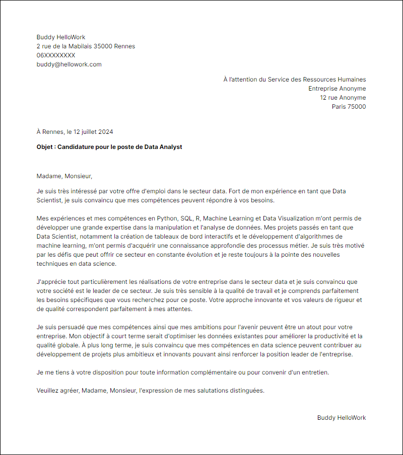 Modèle lettre de motivation pour le secteur Data Exemple lettre de motivation pour le secteur Data