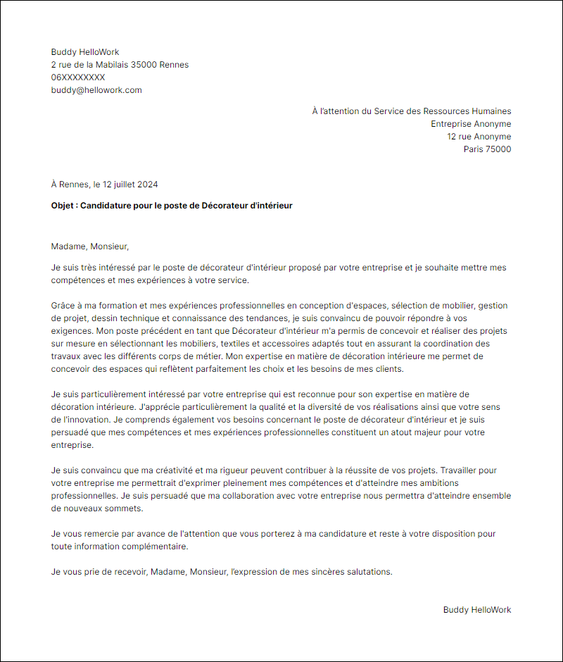 Modèle lettre de motivation pour le secteur Decoration Exemple lettre de motivation pour le secteur Decoration
