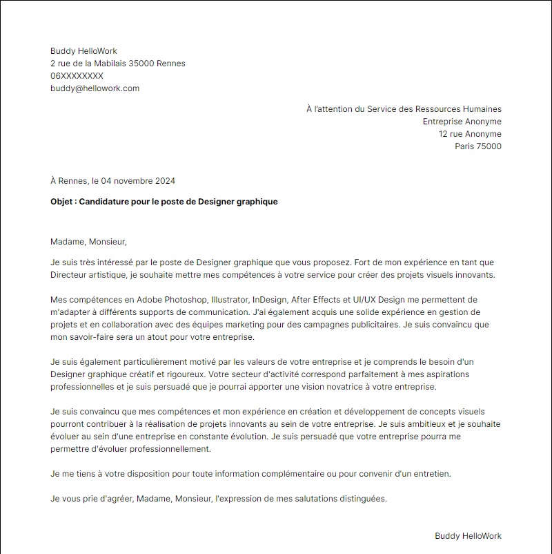Modèle lettre de motivation pour le secteur Design graphique Exemple lettre de motivation pour le secteur Design graphique