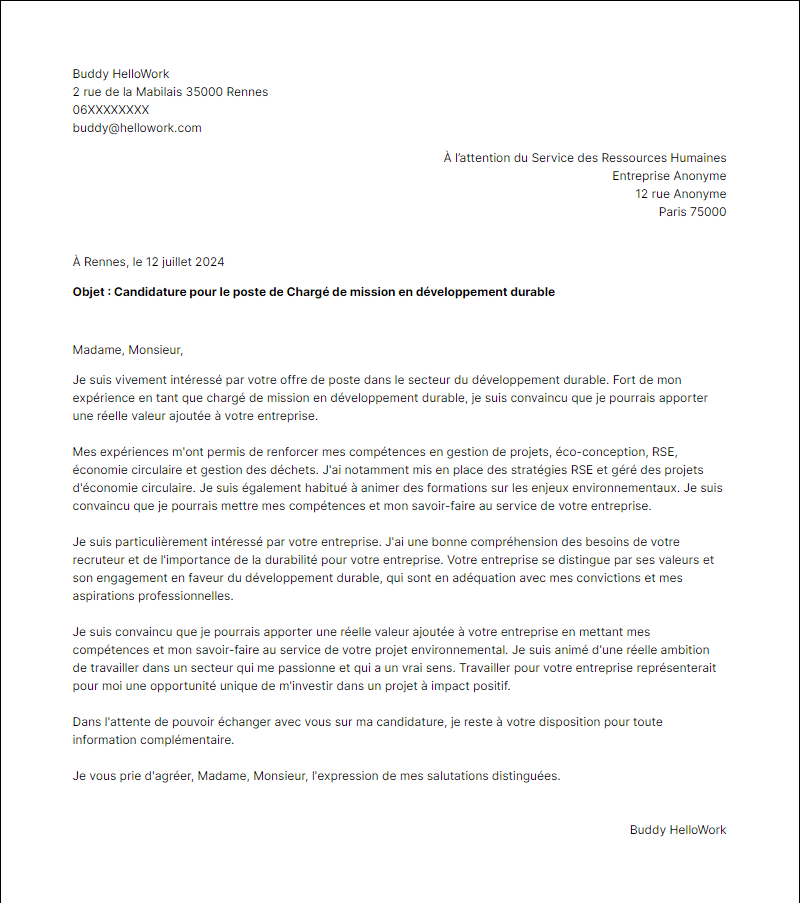 Modèle lettre de motivation pour le secteur Développement durable Exemple lettre de motivation pour le secteur Développement durable