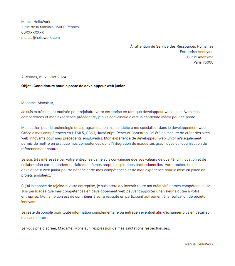 Modèle lettre de motivation en tant que Developpeur Web Junior Exemple lettre de motivation en tant que Developpeur Web Junior