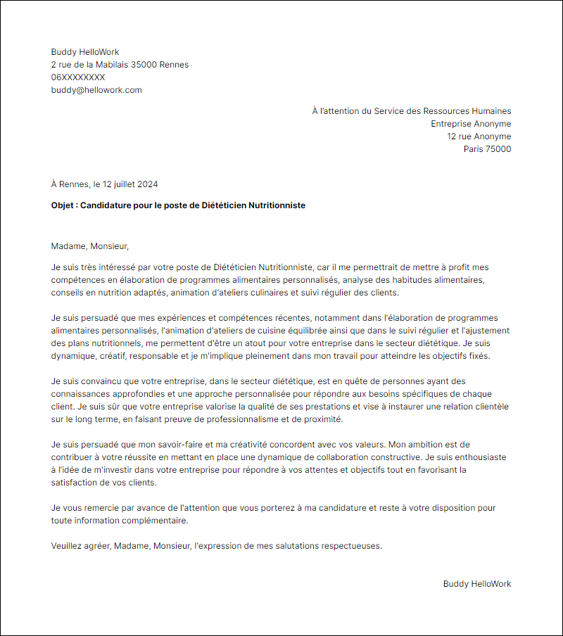 Modèle lettre de motivation pour le secteur Diététique Exemple lettre de motivation pour le secteur Diététique