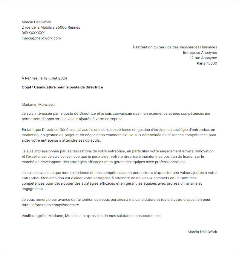 Modèle lettre de motivation en tant que Directeur Exemple lettre de motivation en tant que Directeur