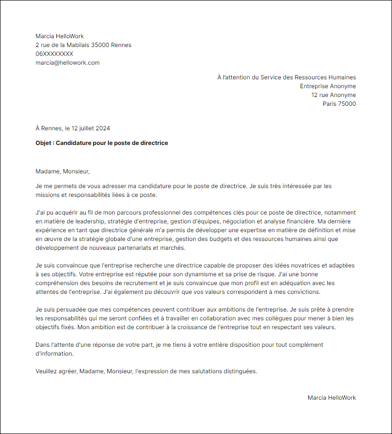 Modèle lettre de motivation en tant que Directrice Exemple lettre de motivation en tant que Directrice