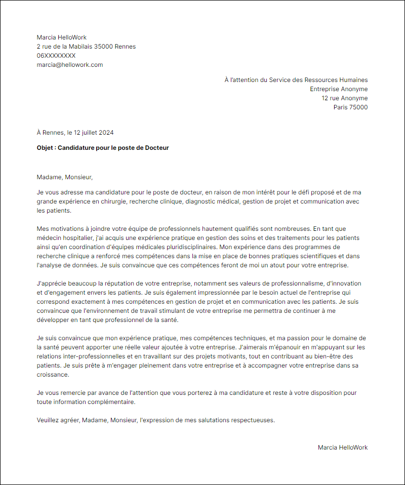 Modèle lettre de motivation en tant que Docteur Exemple lettre de motivation en tant que Docteur