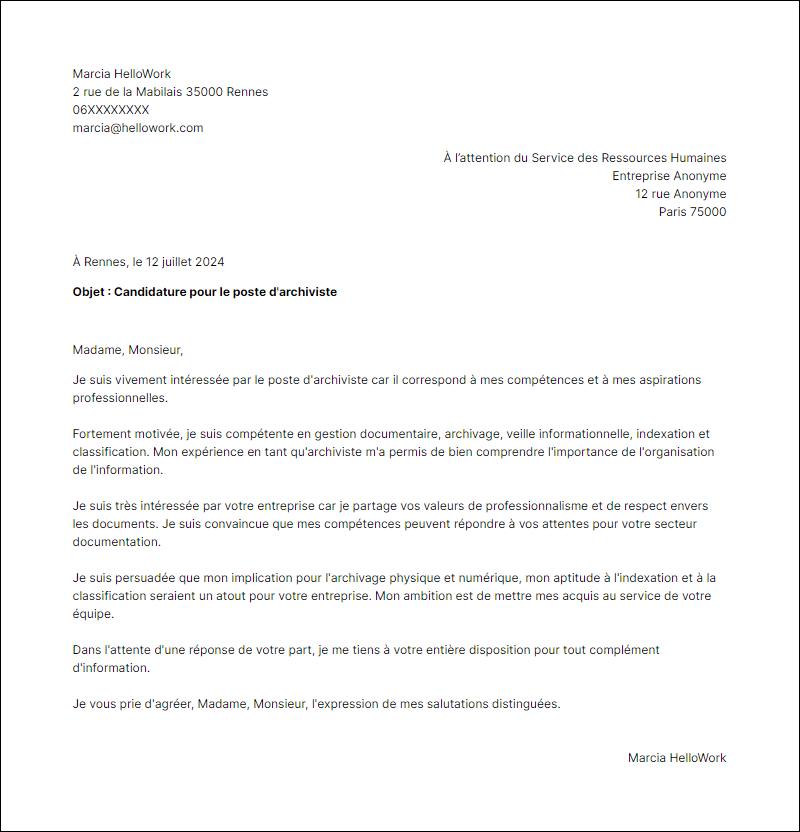 Modèle lettre de motivation pour le secteur Documentation Exemple lettre de motivation pour le secteur Documentation