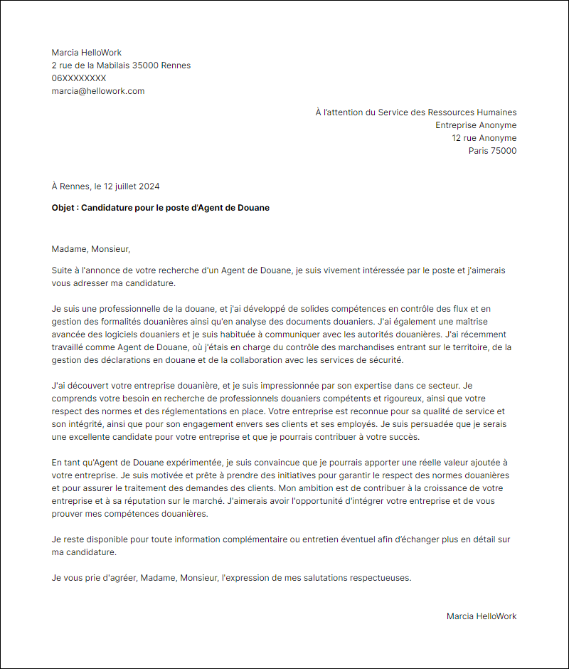 Modèle lettre de motivation pour le secteur Douane Exemple lettre de motivation pour le secteur Douane