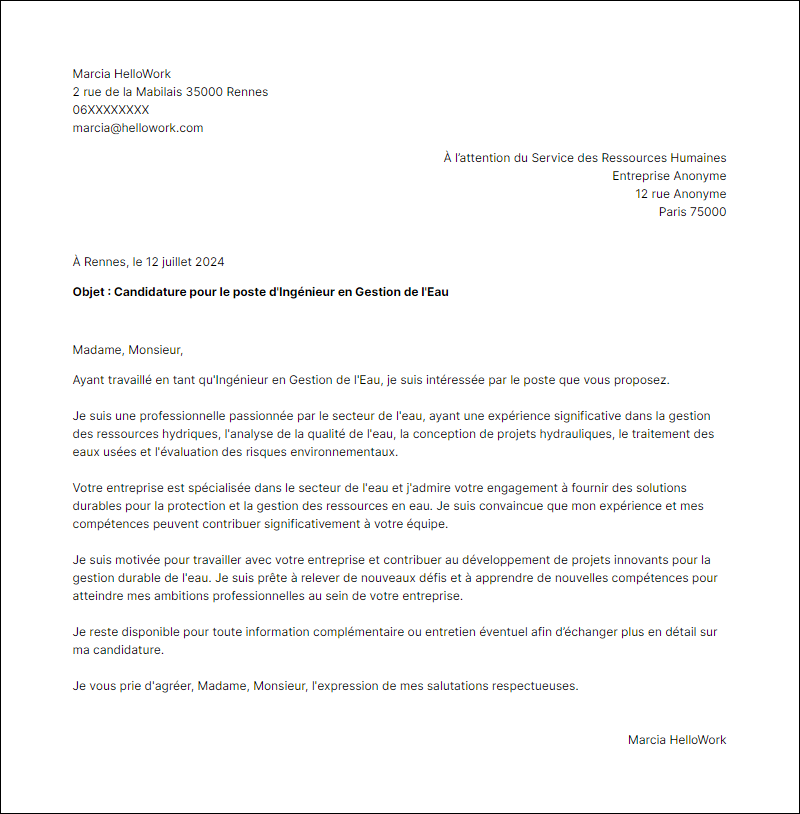 Modèle lettre de motivation pour le secteur Eau Exemple lettre de motivation pour le secteur Eau