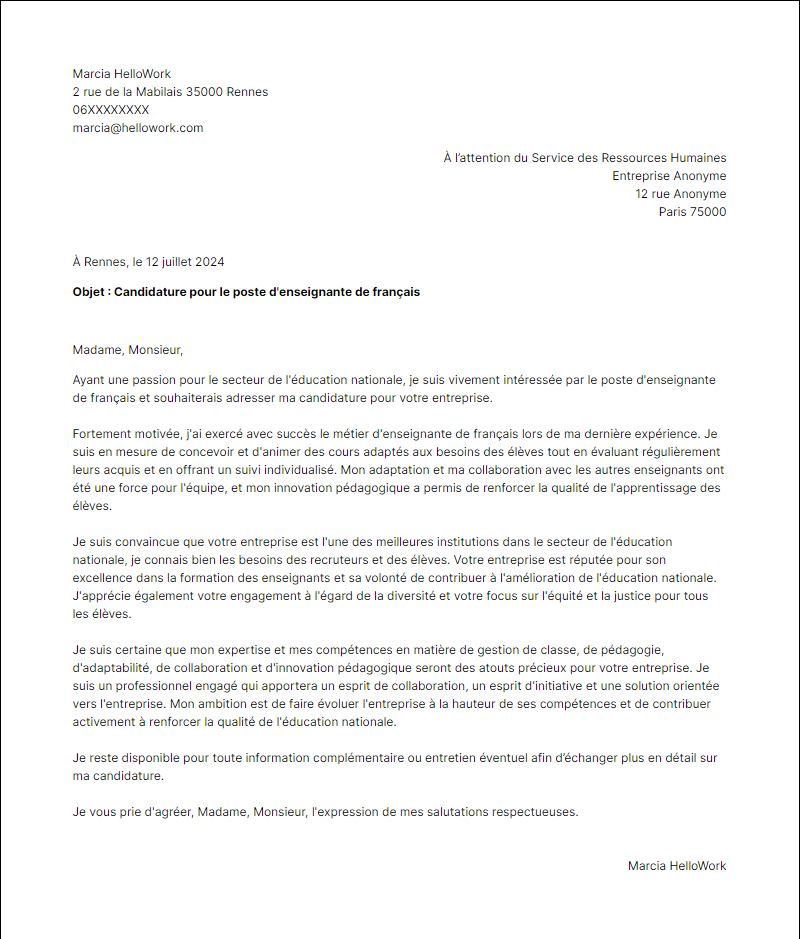 Modèle lettre de motivation pour le secteur Education nationale Exemple lettre de motivation pour le secteur Education nationale