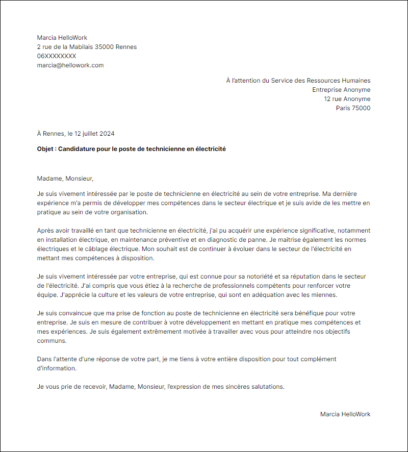 Modèle lettre de motivation pour le secteur Électricité Exemple lettre de motivation pour le secteur Électricité