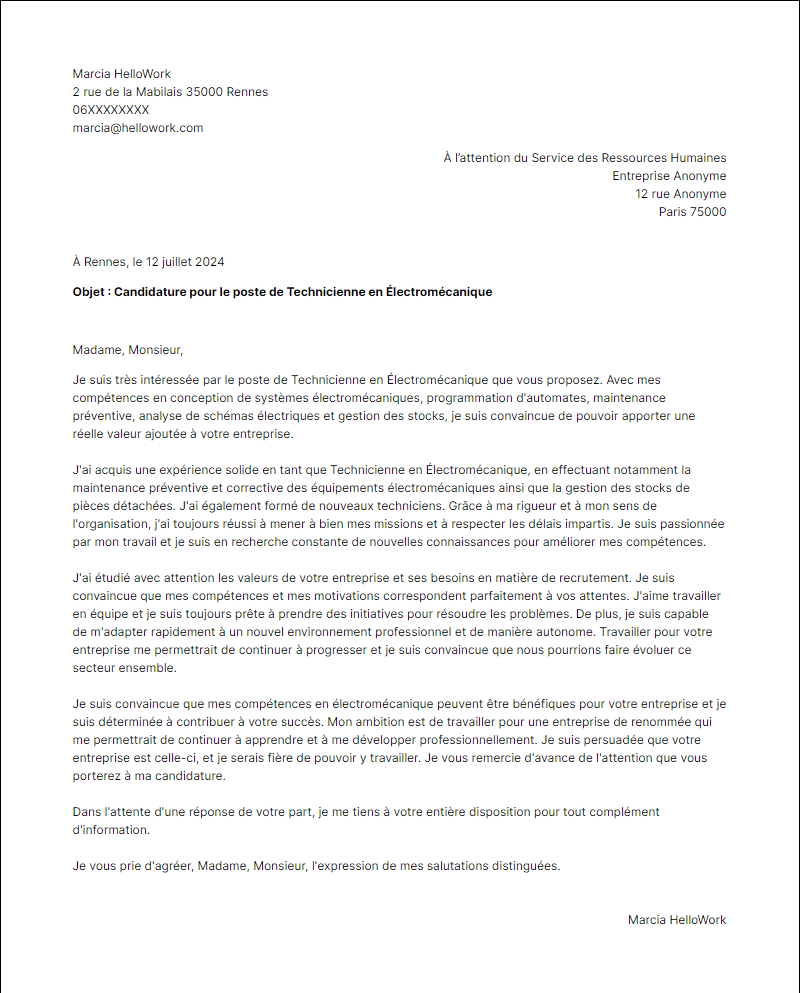 Modèle lettre de motivation pour le secteur Electromecanique Exemple lettre de motivation pour le secteur Electromecanique