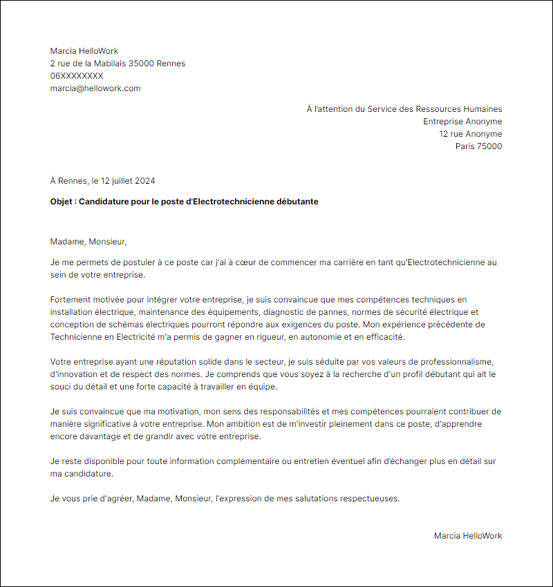 Modèle lettre de motivation en tant que Electrotechnicien Debutant Exemple lettre de motivation en tant que Electrotechnicien Debutant