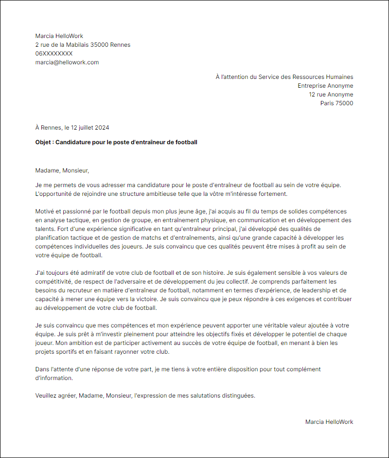 Modèle lettre de motivation en tant que Entraineur Football Exemple lettre de motivation en tant que Entraineur Football