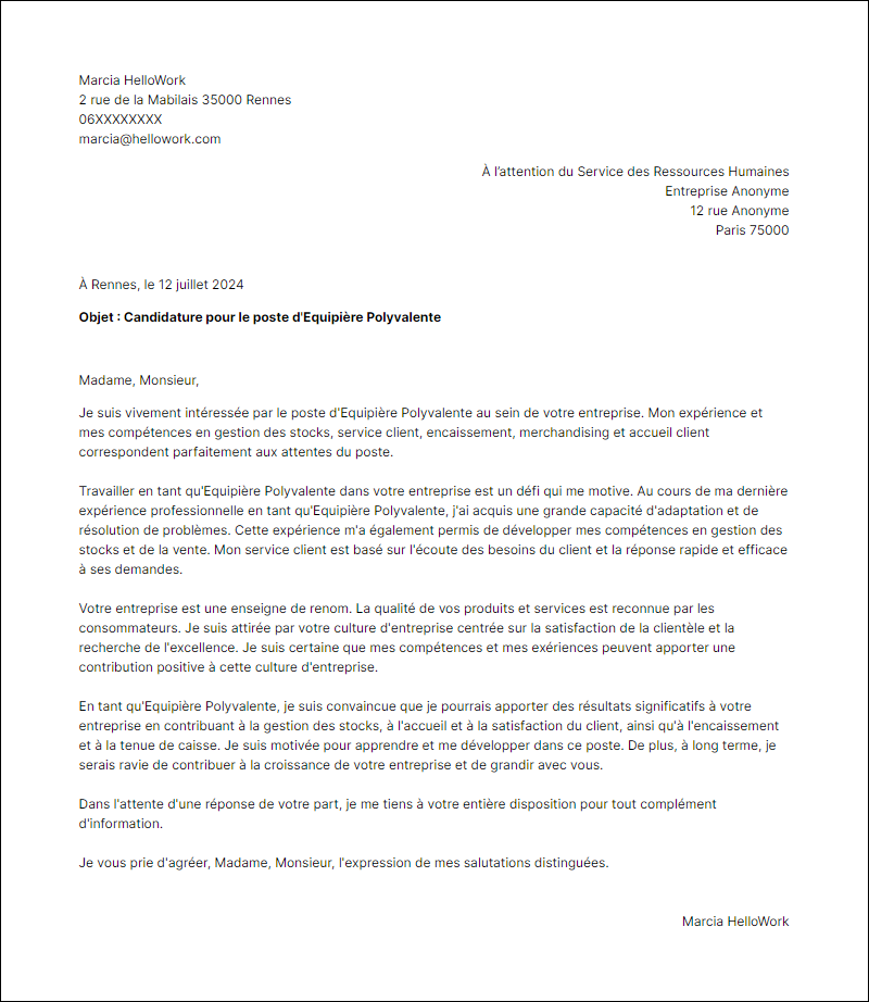 Modèle lettre de motivation en tant que Equipier polyvalent Exemple lettre de motivation en tant que Equipier polyvalent