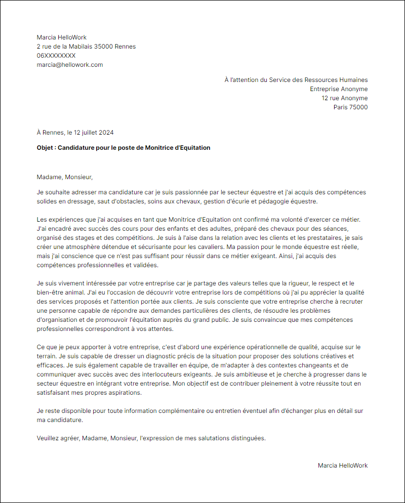 Modèle lettre de motivation pour le secteur Equitation Exemple lettre de motivation pour le secteur Equitation