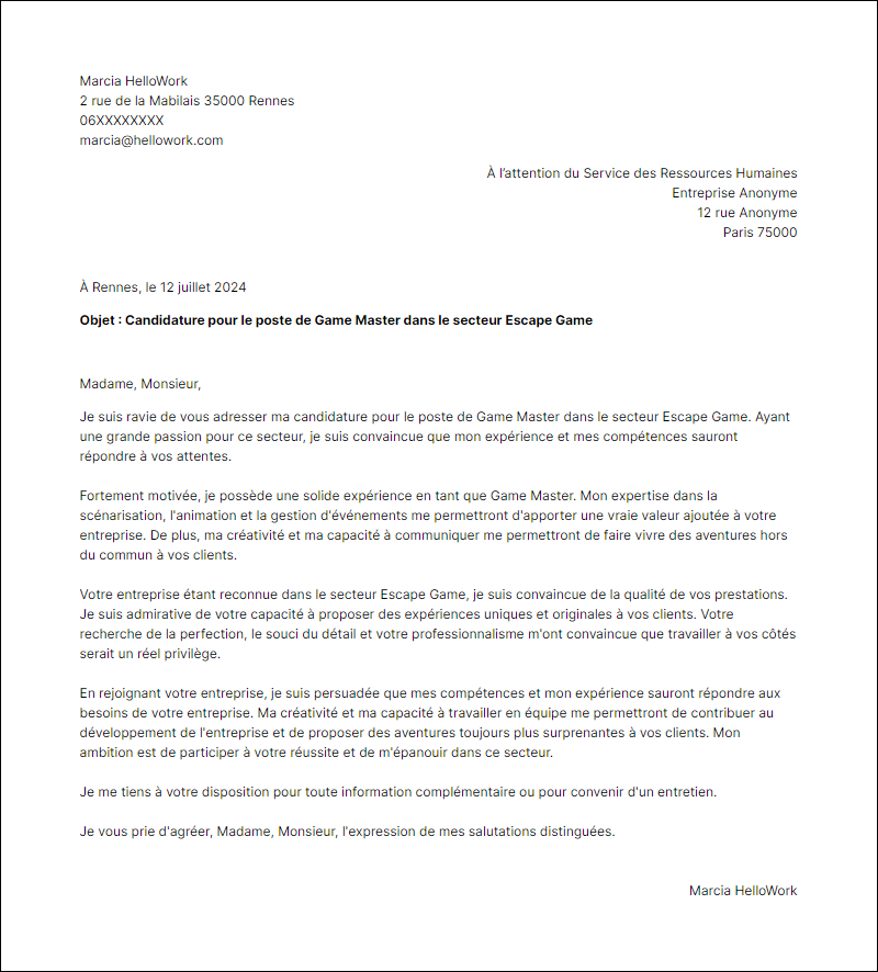 Modèle lettre de motivation pour le secteur Escape game Exemple lettre de motivation pour le secteur Escape game