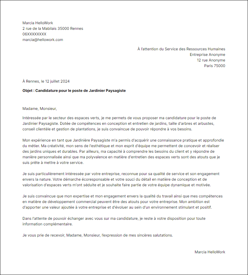 Modèle lettre de motivation pour le secteur Espace vert Exemple lettre de motivation pour le secteur Espace vert
