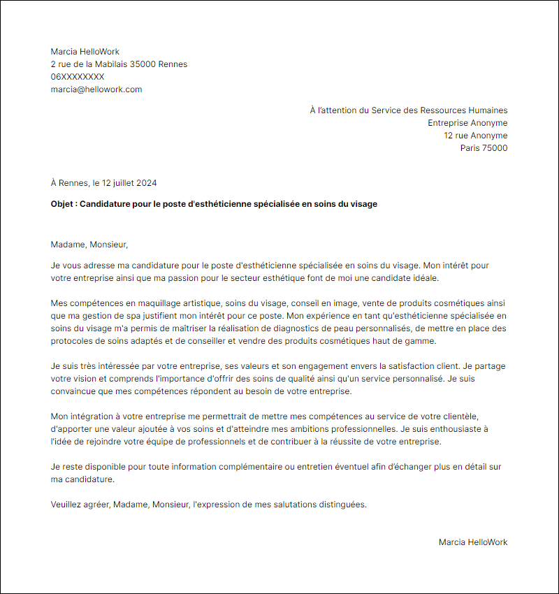 Modèle lettre de motivation pour le secteur Esthetique Exemple lettre de motivation pour le secteur Esthetique