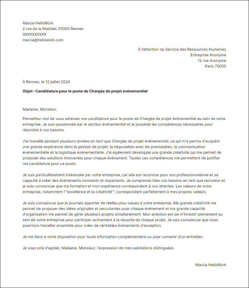 Modèle lettre de motivation pour le secteur Evenementiel Exemple lettre de motivation pour le secteur Evenementiel