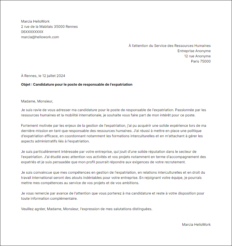 Modèle lettre de motivation pour le secteur Expatriation Exemple lettre de motivation pour le secteur Expatriation