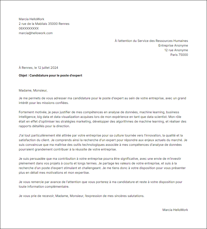 Modèle lettre de motivation en tant que Expert Exemple lettre de motivation en tant que Expert