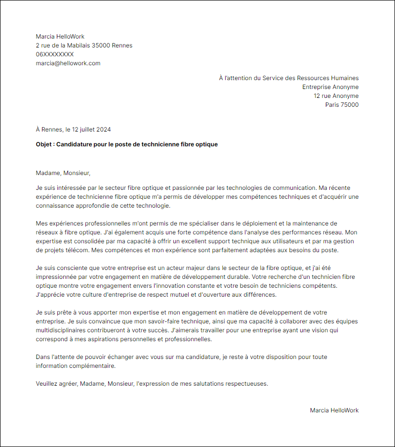Modèle lettre de motivation pour le secteur Fibre optique Exemple lettre de motivation pour le secteur Fibre optique