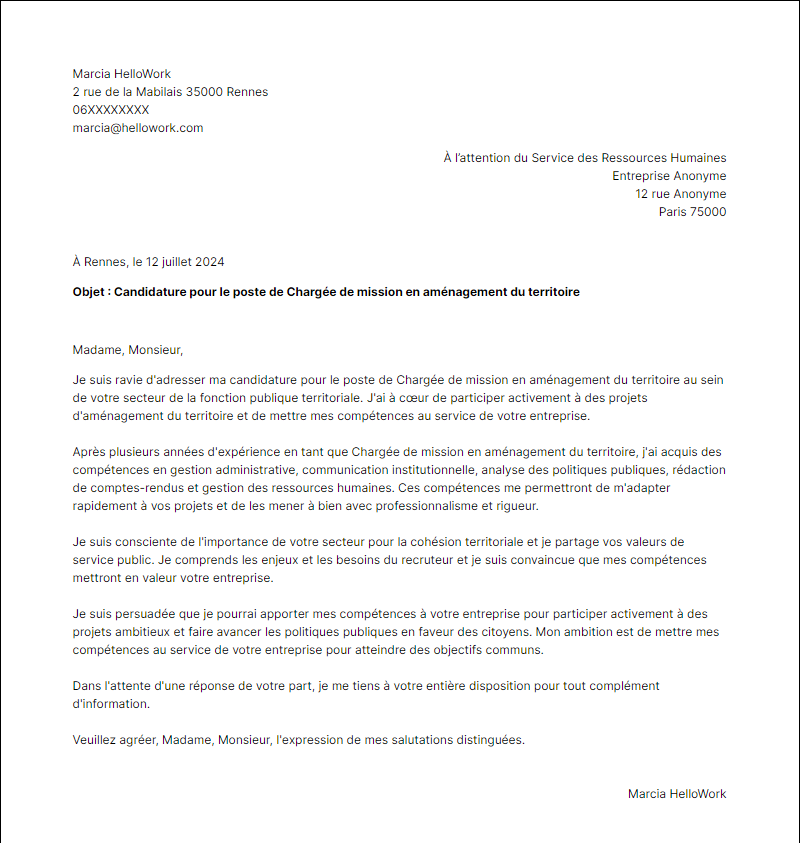 Modèle lettre de motivation pour le secteur Fonction publique territoriale Exemple lettre de motivation pour le secteur Fonction publique territoriale