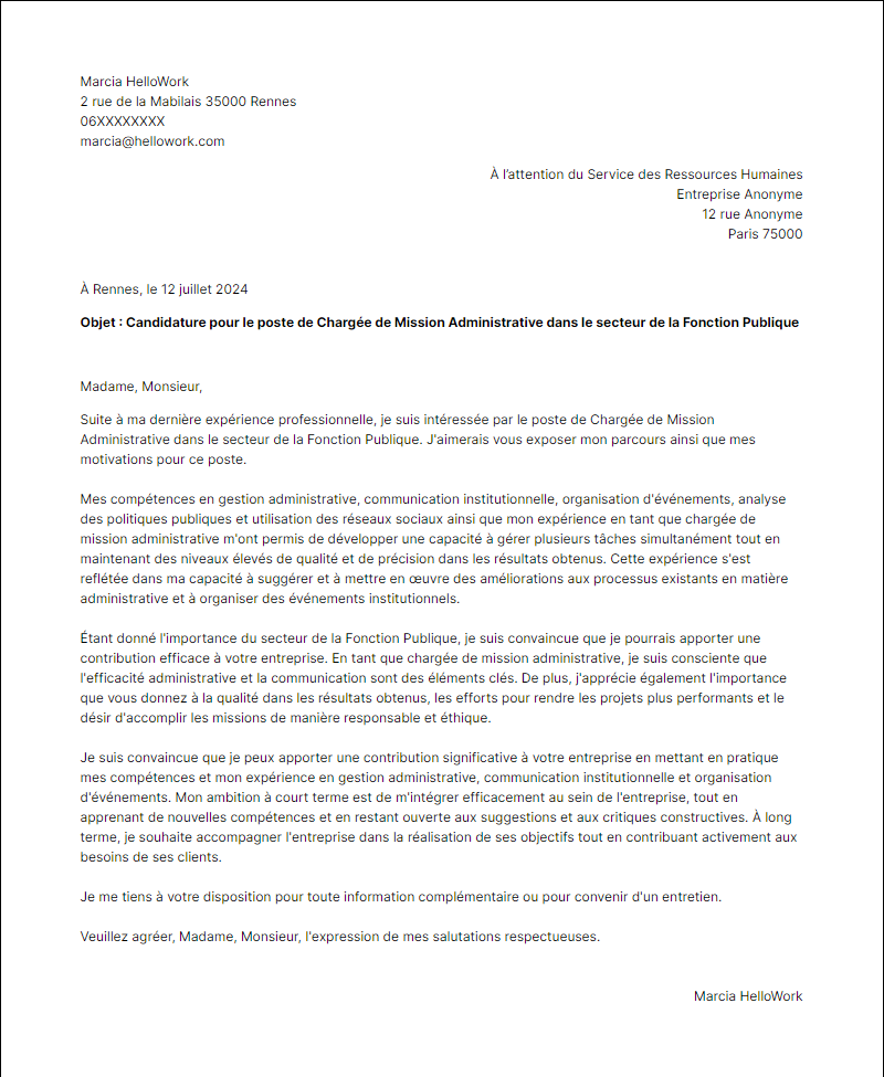 Modèle lettre de motivation pour le secteur Fonction publique Exemple lettre de motivation pour le secteur Fonction publique