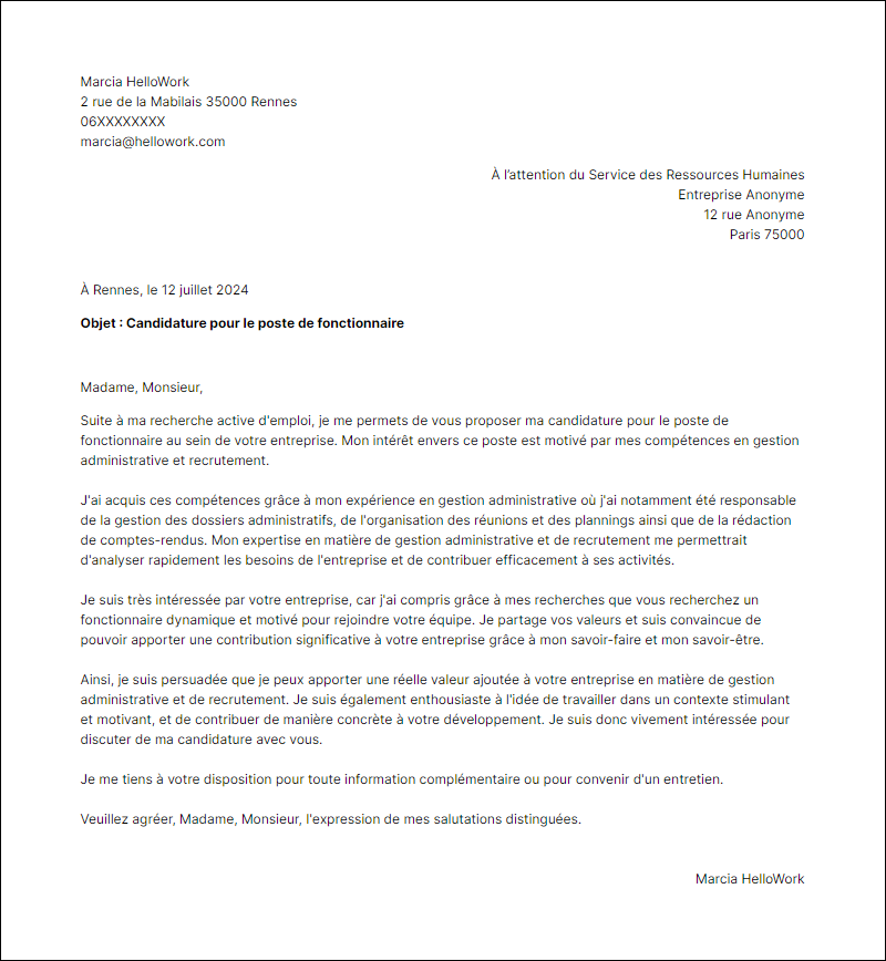 Modèle lettre de motivation en tant que Fonctionnaire Exemple lettre de motivation en tant que Fonctionnaire