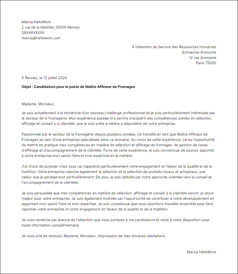 Modèle lettre de motivation pour le secteur Fromagerie Exemple lettre de motivation pour le secteur Fromagerie