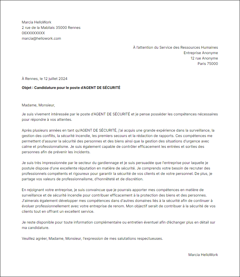 Modèle lettre de motivation pour le secteur Gardiennage Exemple lettre de motivation pour le secteur Gardiennage
