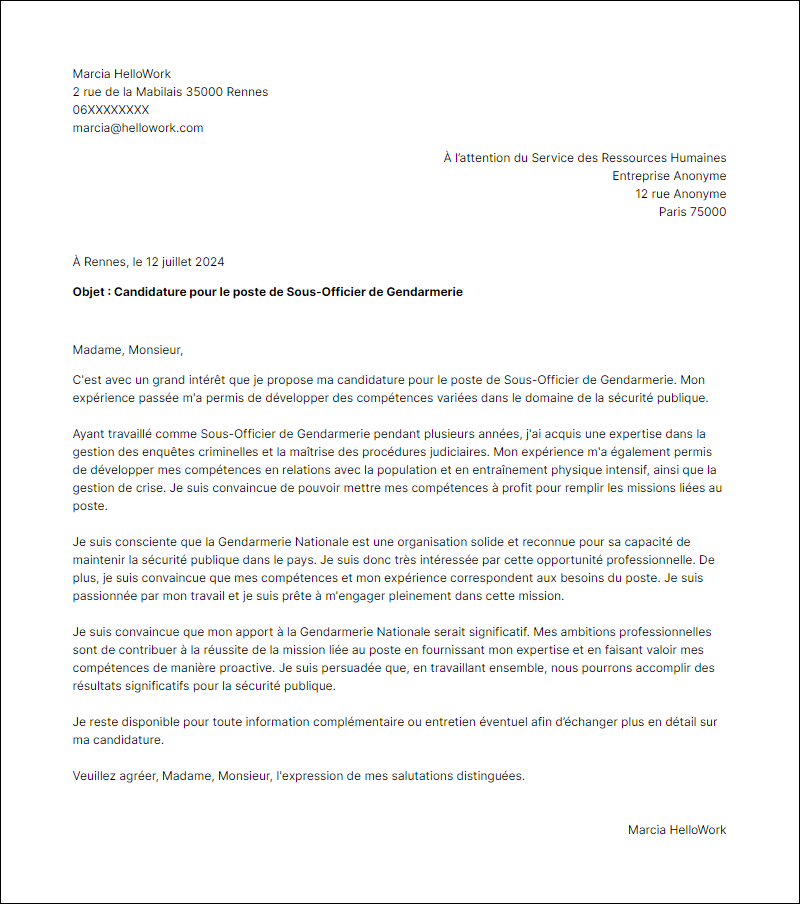 Modèle lettre de motivation pour le secteur Gendarmerie Exemple lettre de motivation pour le secteur Gendarmerie