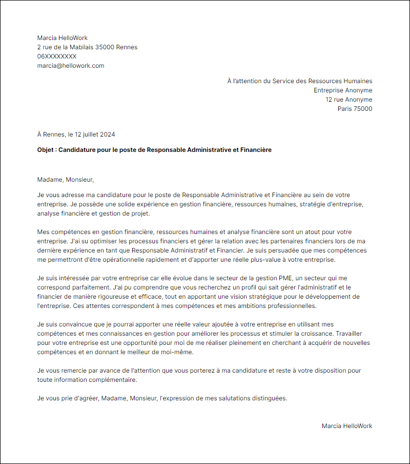 Modèle lettre de motivation pour le secteur Gestion pme Exemple lettre de motivation pour le secteur Gestion pme