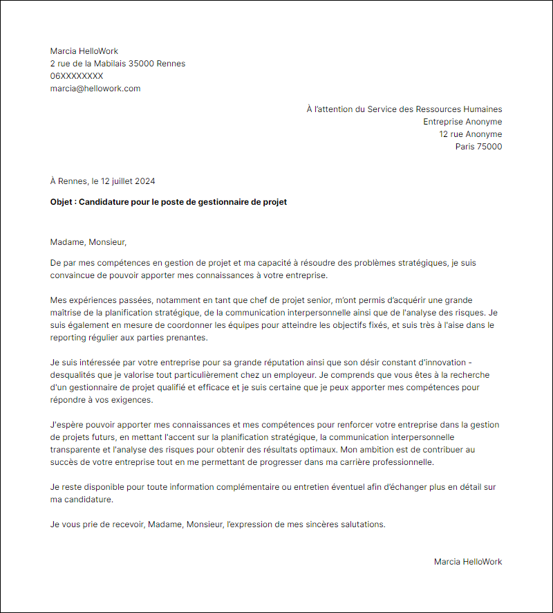 Modèle lettre de motivation en tant que Gestionnaire de projet Exemple lettre de motivation en tant que Gestionnaire de projet