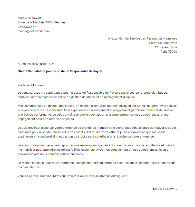 Modèle lettre de motivation pour le secteur Grande distribution Exemple lettre de motivation pour le secteur Grande distribution