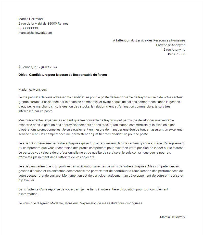 Modèle lettre de motivation pour le secteur Grande surface Exemple lettre de motivation pour le secteur Grande surface