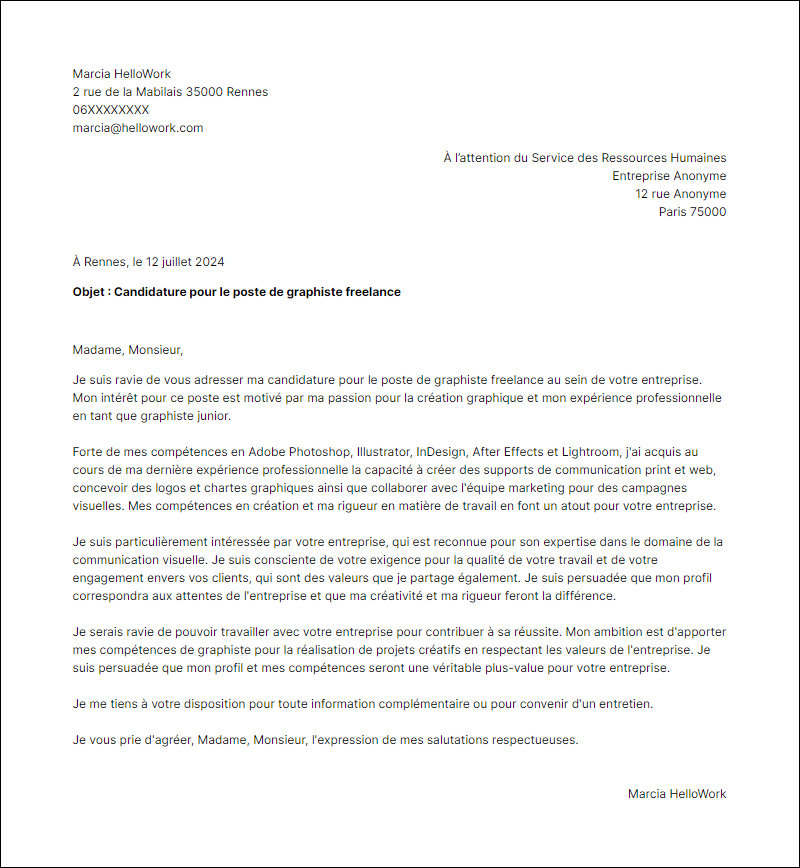 Modèle lettre de motivation en tant que Graphiste freelance Exemple lettre de motivation en tant que Graphiste freelance