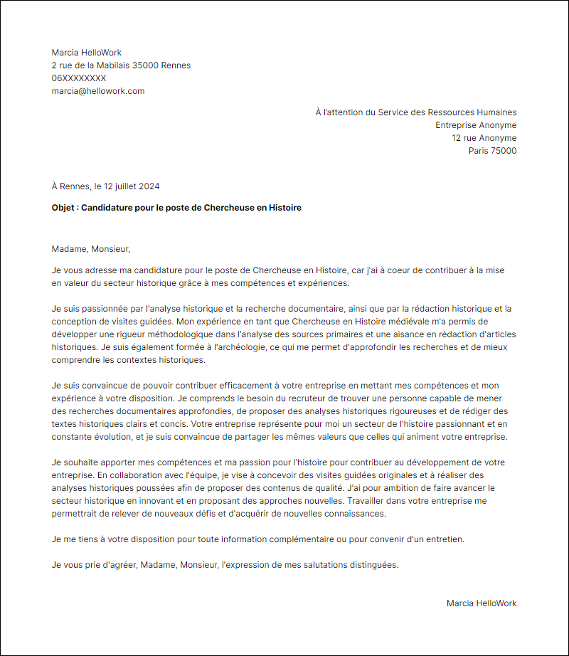 Modèle lettre de motivation pour le secteur Histoire Exemple lettre de motivation pour le secteur Histoire