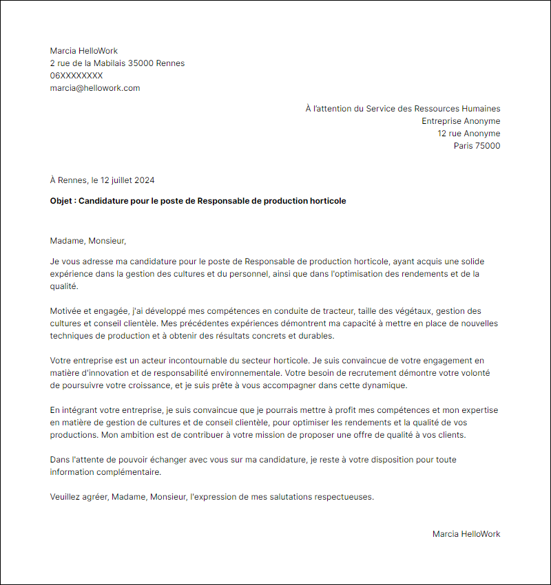 Modèle lettre de motivation pour le secteur Horticole Exemple lettre de motivation pour le secteur Horticole