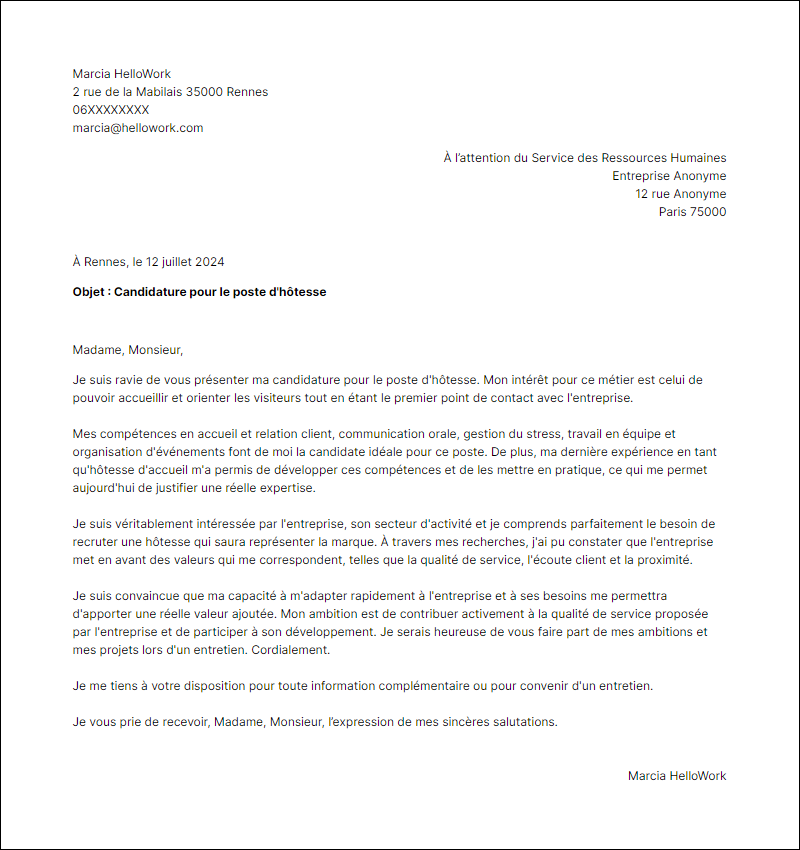 Modèle lettre de motivation en tant que Hôtesse Exemple lettre de motivation en tant que Hôtesse