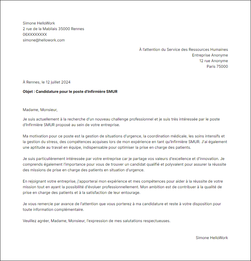Modèle lettre de motivation en tant que Infirmier Smur Exemple lettre de motivation en tant que Infirmier Smur