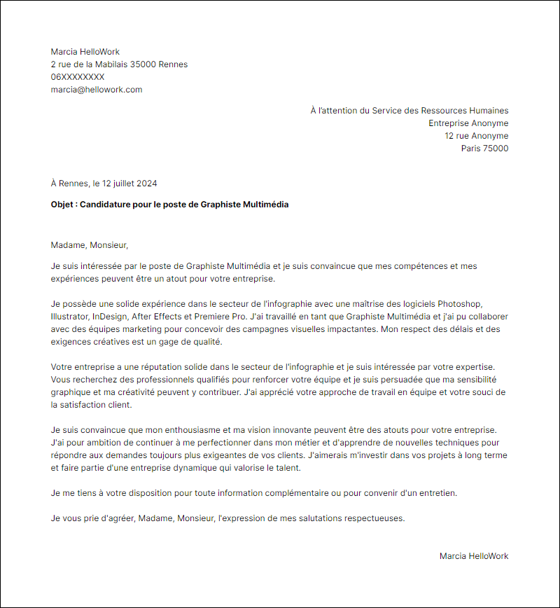 Modèle lettre de motivation pour le secteur Infographie Exemple lettre de motivation pour le secteur Infographie