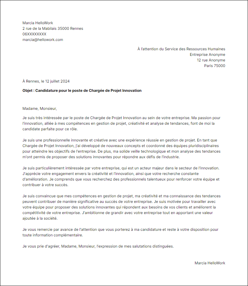 Modèle lettre de motivation pour le secteur Innovation Exemple lettre de motivation pour le secteur Innovation